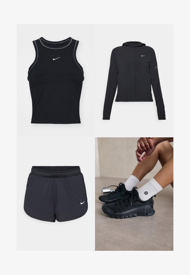Crna jakna s kapuljačom i dugim rukavima, izrađena od laganog materijala. Ima prednji patentni zatvarač, Nike logo i suptilne dizajnerske detalje.; Crna atletska majica bez rukava izrađena od glatkog materijala. Ima okrugli izrez sa sivim šavovima i mali srebrni Nike logo sprijeda.; Crne sportske kratke hlače s elastičnim pojasom, sportski dizajn i bijeli Nike logo na donjem prednjem dijelu. Teksturirani materijal.; Crne atletske tenisice s teksturiranim materijalom, vezivanjem i istaknutim potplatom, u kombinaciji s bijelim rebrastim čarapama koje imaju mali logo.