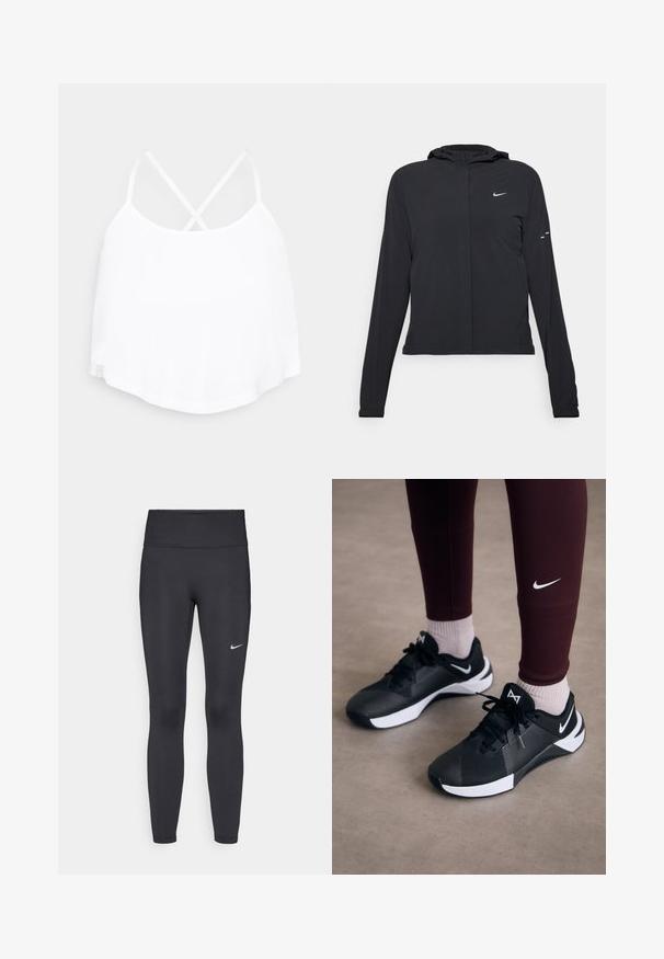 Giacca nera con cappuccio e maniche lunghe, realizzata in materiale leggero. Presenta una zip frontale, il logo Nike e accenti di design sottili.; Top bianco senza maniche con spalline incrociate, orlo arrotondato e texture in tessuto morbido. Nessun motivo visibile o dettagli in metallo.; Leggings neri realizzati in tessuto elasticizzato, con una vita alta e un logo Nike bianco sulla coscia sinistra. Tessuto liscio, design aderente.; Scarpe da ginnastica nere con una tomaia testurizzata e dettagli bianchi, dotate di lacci e un logo laterale. Indossate con leggings bordeaux e calze chiare.