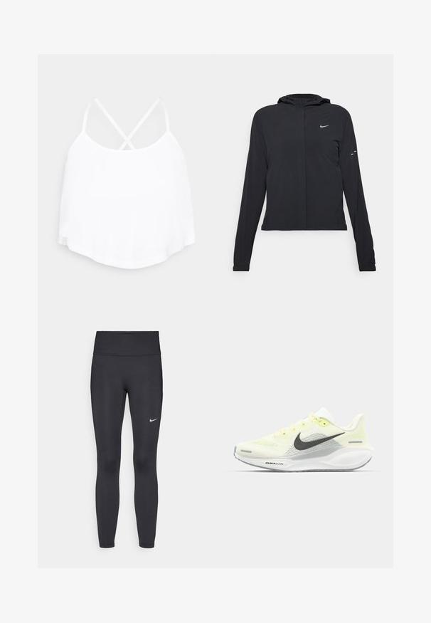 Zwarte kaptrui met lange mouwen, gemaakt van lichtgewicht materiaal. Voorzien van een ritssluiting aan de voorkant, een Nike-logo en subtiele ontwerpelementen.; Witte mouwloze top met gekruiste spaghetti-bandjes, afgeronde zoom en een zachte stofstructuur. Geen zichtbare patronen of hardware-details.; Zwarte legging van rekbare stof met een hoge tailleband en een wit Nike-logo op de linkerdij. Gladde textuur, aansluitend ontwerp.; Nike hardloopschoenen met een lichtgele en witte mesh bovenkant, grijze accenten en een flexibele rubberen zool. Voorzien van een vetersluiting.