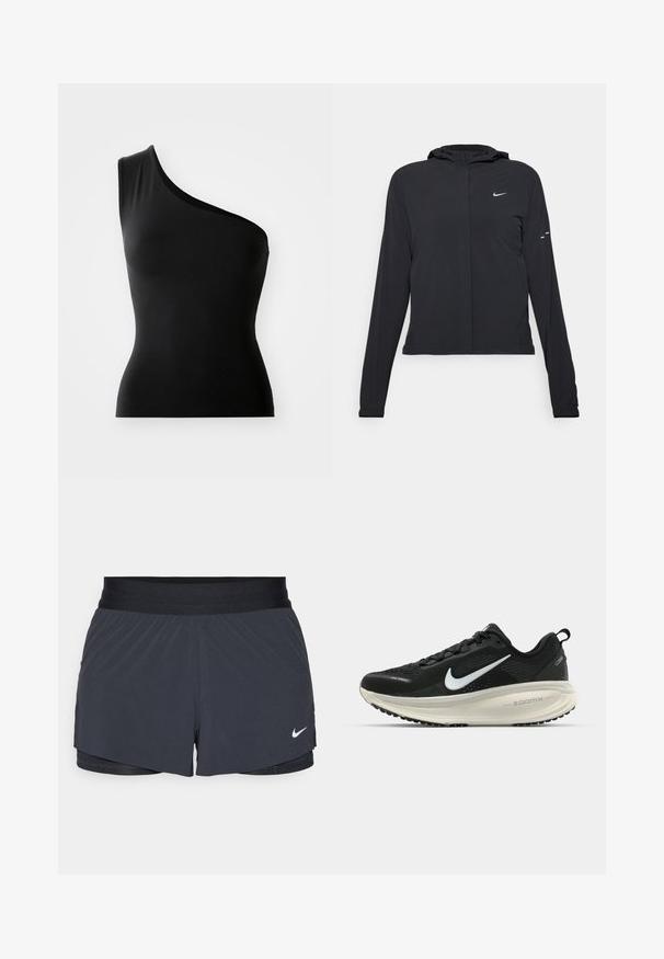 Must musta kapuutsiga jakk, millel on pikad varrukad ja mis on valmistatud kergetest materjalidest. Omab esitaskut, Nike logo ja kergelt silmatorkavaid disainiaktsente.; Asümmeetriline must topp, mis on valmistatud siledast kangast. Omab ühte õlapaela ja keha lähedast siluetti. Täiendavaid mustreid või aktsente pole.; Mustad must sportlikud lühikesed püksid, millel on elastne vöökoht, kihiline disain ja väike valge Nike logo vasakul all. Kerge materjal.; Musthave mustus Nike jooksujalats, millel on hingav võrgust ülemine osa, valge swoosh logo, tekstuuriga detailid ja kreemja värvusega ZoomX vahevöö.