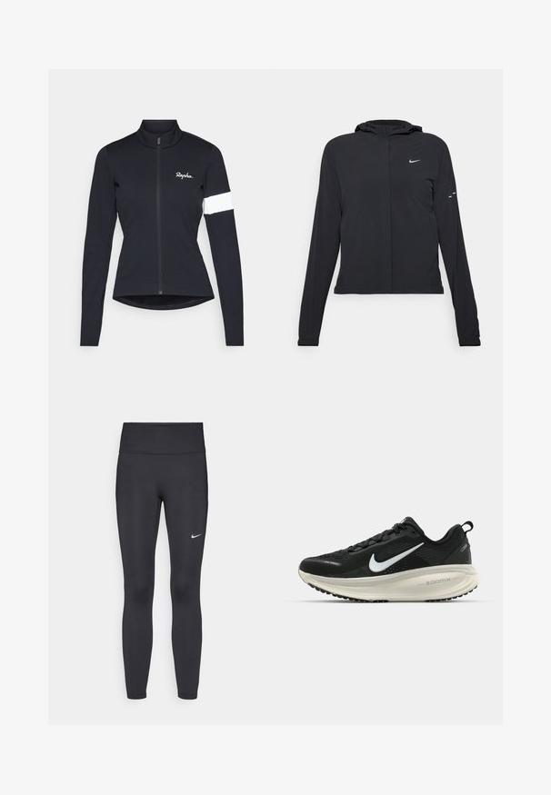 Črna kapuča s dolgimi rokavi, izdelana iz lahkega materiala. Ima sprednji zadrgo, logotip Nike in subtilne oblikovne detajle.; Rapha WOMENS CORE JACKET - Kolesarski triko - black/white; Črne legice iz elastične tkanine, z visokim pasom in belim Nike logo na levem stegnu. Gladka tekstura, oblikovno prilegajoč dizajn.; Črne Nike tekaške čevlje z zračno mrežno zgornjim delom, belim logotipom Swoosh, teksturiranimi detajli in smetanasto barvnim srednjim delom ZoomX.