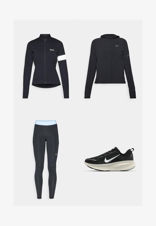Sort hættetrøje med lange ærmer, lavet af letvægtsmateriale. Har en frontlynlås, et Nike-logo og subtile designaccenter.; Rapha WOMENS CORE JACKET - Cykeltrøjer - black/white; Sorte atletiske leggings med en lys blå talje, der har teksten "NIKE PRO"; glat tekstur og tætsiddende design. Hvid Nike-logo på venstre side.; Sort Nike løbesko med åndbart mesh-overdel, hvidt swoosh-logo, tekstureret detaljering og en cremede ZoomX mellemsål.