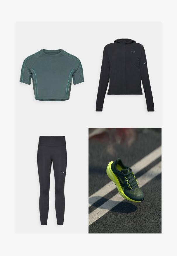 Casaco preto com capuz e mangas longas, feito de material leve. Apresenta um fecho dourado na frente, um logótipo da Nike e detalhes de design subtis.; Top curto feito de tecido verde escuro, com mangas curtas, costura em verde claro em contraste e com um decote redondo em design ajustado.; Leggings pretos feitos de tecido elástico, com uma cintura alta e um logo branco da Nike na coxa esquerda. Textura suave, design ajustado ao corpo.; Tênis de corrida Nike em verde-escuro e amarelo-neon no ar acima de asfalto com marcas de faixa brancas, levantando pequenas partículas de terra.