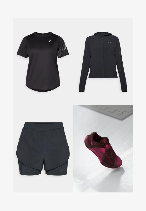 Czarna kurtka z kapturem, z długimi rękawami, wykonana z lekkiego materiału. Posiada zamek błyskawiczny z przodu, logo Nike oraz subtelne akcenty wzornicze.; Czarny sportowy t-shirt, krótki rękaw, okrągły dekolt, z teksturowanym materiałem i kropeczkowymi akcentami na prawym rękawie. Logo na klatce piersiowej.; Czarne spodenki sportowe z warstwowym krojem, z gładką zewnętrzną warstwą i dopasowanymi wewnętrznymi spodniami. Wykonane z lekkiej, elastycznej tkaniny.; Ciemnobrązowe buty sportowe z różowymi akcentami. Posiadają siateczkową cholewkę, zaokrąglony czubek i teksturowaną podeszwę. Sznurowadła oraz logo są wyraźnie widoczne.