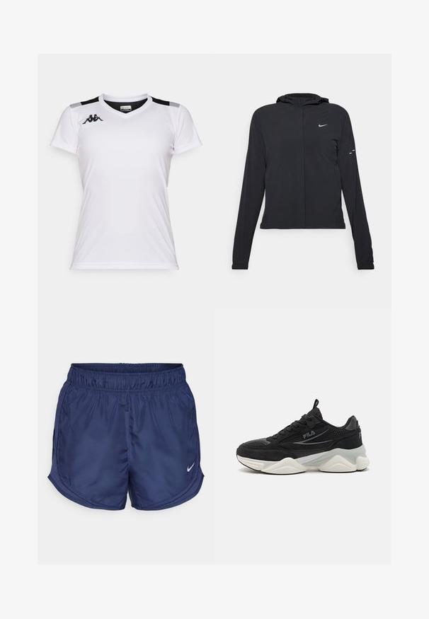 Czarna kurtka z kapturem, z długimi rękawami, wykonana z lekkiego materiału. Posiada zamek błyskawiczny z przodu, logo Nike oraz subtelne akcenty wzornicze.; Biała koszulka sportowa wykonana z lekkiego materiału. Posiada dekolt w serek, krótkie rękawy oraz czarne akcenty na ramionach. Logo Kappa na klatce piersiowej.; Navy szorty sportowe z elastycznym pasem i bocznymi panelami z siateczki. Posiadają małe białe logo Nike na dolnej lewej stronie.; Czarne sneakersy wykonane z siateczki i zamszu, z grubą podeszwą, zaokrąglonym kształtem, subtelnymi szaro-skalnymi akcentami i logo marki po boku.