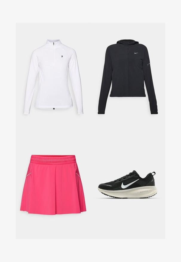 Fekete kapucnis dzseki hosszú ujjakkal, könnyű anyagból készült. Elülső cipzárral, Nike logóval és diszkrét dizájn elemekkel rendelkezik.; Fehér, hosszú ujjú pulóver negyed cipzáros gallérral, a mellkason fekete logóval és sima, könnyű anyagból készült.; ASICS MATCH SKIRT - Sportszoknya - bright rose; Fekete Nike futócipő légáteresztő hálós felsőrésszel, fehér Swoosh logóval, textúrázott részletekkel és krém színű ZoomX középtalppal.