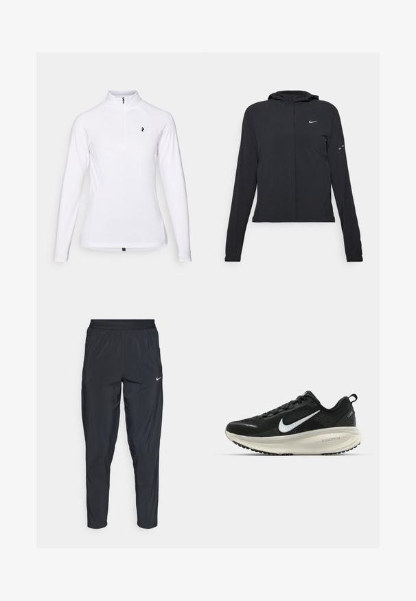 Svart hettegenser med lange ermer, laget av lett materiale. Har glidelås foran, Nike-logo og subtile design detaljer.; Hvit langermet genser med glidelås på kvart, med en svart logo på brystet og glatt, lett stoff.; Sorte idrettsbukser med elastisk midjebånd, smale ben og en liten hvit logo på venstre lår. Lett og glatt stoff.; Svart Nike løpesko med pustende mesh-overdel, hvit swoosh-logo, teksturert detaljer og en kremfarget ZoomX mellomsåle.