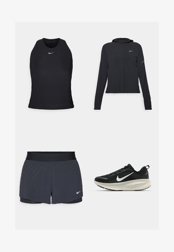 Crna jakna s kapuljačom i dugim rukavima, izrađena od laganog materijala. Ima prednji patentni zatvarač, Nike logo i suptilne dizajnerske detalje.; Crni atletski tank top izrađen od glatkog, rastezljivog materijala. Ima okrugli izrez i mali bijeli logo smješten u središtu grudi.; Crne atletske kratke hlače s elastičnom stražnjicom, imaju slojeviti dizajn i mali bijeli Nike logo na donjoj lijevoj strani. Lagani materijal.; Crne Nike trkačke tenisice s prozračnom mrežastom gornjom konstrukcijom, bijelim swoosh logotipom, teksturiranim detaljima i kremastom ZoomX srednjom potplatnom jedinicom.