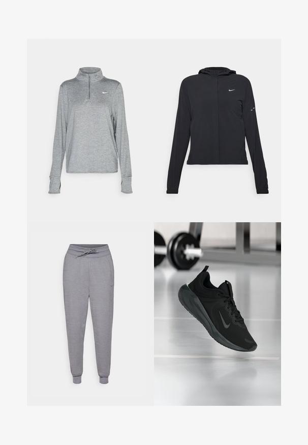 Czarna kurtka z kapturem, z długimi rękawami, wykonana z lekkiego materiału. Posiada zamek błyskawiczny z przodu, logo Nike oraz subtelne akcenty wzornicze.; Nike Performance SWIFT szary; Szare, zwężane dresy z elastycznym paskiem w talii, ściągaczami u dołu nogawek i subtelnym logo Nike na lewym udzie. Miękka, teksturowana tkanina.; Czarny sportowy sneaker z logo Nike, pokazany w powietrzu na podłodze siłowni, z rozmytym regałem z hantlami w tle.