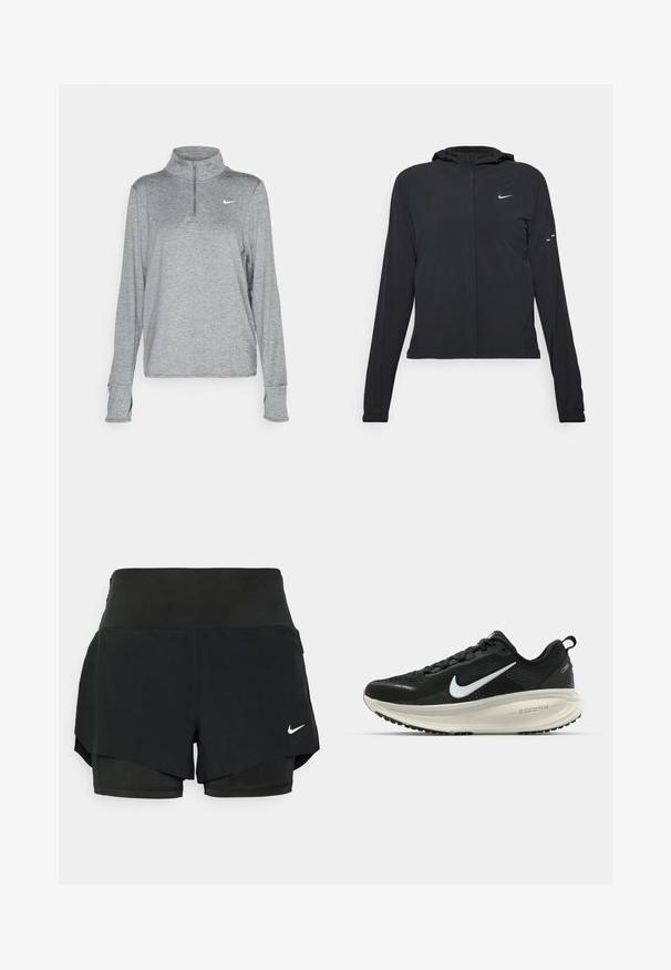 Schwarze Kapuzenjacke mit langen Ärmeln, aus leichtem Material gefertigt. Sie hat einen vorderen Reißverschluss, ein Nike-Logo und dezente Designelemente.; Nike Performance SWIFT - Langarmshirt - smoke grey; Schwarze Sportshorts mit einem geschichteten Design, bestehend aus einer inneren Shorts und einer äußeren Überlage, aus leichtem, dehnbarem Material.; Schwarzer Nike-Laufschuh mit atmungsaktivem Mesh-Obermaterial, weißem Swoosh-Logo, strukturierten Details und einer cremefarbenen ZoomX-Zwischensohle.