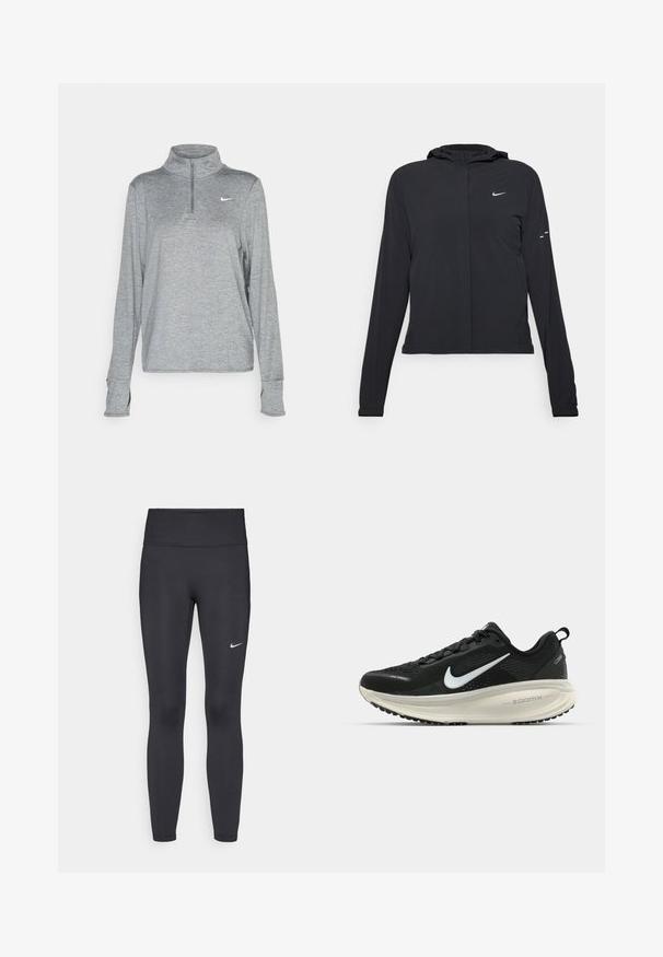 Svart huva jacka med långa ärmar, gjord av lätt material. Har en framdragare, en Nike-logotyp och subtila designelement.; Nike Performance SWIFT - Långärmad tröja - smoke grey; Svarta leggings i elastiskt material, med hög midja och en vit Nike-logga på vänster lår. Slät textur, figurnära design.; Svart Nike löparsko med andningsbart mesh-ovandel, vit swoosh-logotyp, texturerad detaljering och en krämfärgad ZoomX-mellansula.
