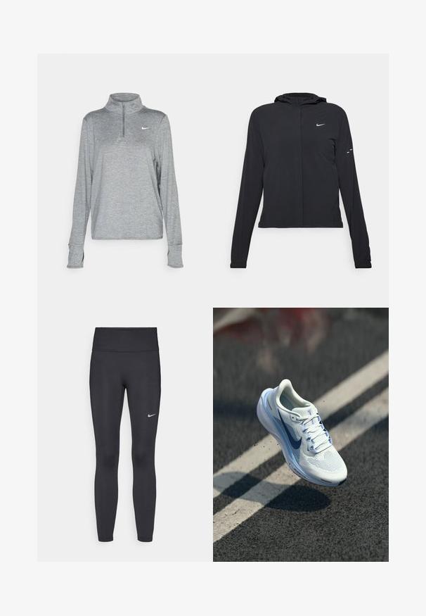 Czarna kurtka z kapturem, z długimi rękawami, wykonana z lekkiego materiału. Posiada zamek błyskawiczny z przodu, logo Nike oraz subtelne akcenty wzornicze.; Nike Performance SWIFT szary; Czarne legginsy z elastycznego materiału, z wysokim pasem i białym logo Nike na lewym udzie. Gładka tekstura, dopasowany krój.; Białe buty sportowe z przewiewną siateczką i niebieskimi akcentami. Posiadają amortyzowaną podeszwę i płaskie sznurowadła. Na śródpodeszwie widnieje logo "Air Zoom".