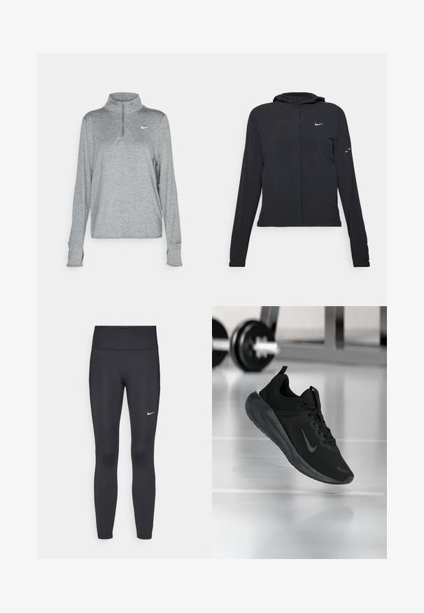 Mustassa hupparissa on pitkät hihat, ja se on valmistettu kevyestä materiaalista. Siinä on edessä vetoketju, Nike-logo ja hillityt muotoiluyksityiskohdat.; Nike Performance SWIFT - Pitkähihainen paita - smoke grey; Mustat leggingsit joustavasta kankaasta, joissa on korkea vyötärö ja valkoinen Nike-logo vasemmassa reidessä. Sileä pinta, muotoaan myötäilevä suunnittelu.; Musta urheilusneekeri, jossa on Nike-logo, esitetty ilmassa kuntosalilattialla, taustalla sumea käsipainohylly.