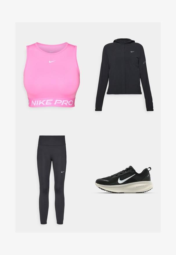 Casaco preto com capuz e mangas longas, feito de material leve. Apresenta um fecho dourado na frente, um logótipo da Nike e detalhes de design subtis.; Sutiã desportivo Nike Pro em rosa brilhante, com um design ajustado, decote redondo e uma ampla faixa elástica branca com a marca na parte inferior.; Leggings pretos feitos de tecido elástico, com uma cintura alta e um logo branco da Nike na coxa esquerda. Textura suave, design ajustado ao corpo.; Sapatilha de corrida Nike preta com parte superior de malha respirável, logotipo Swoosh branco, detalhes texturizados e uma entressola ZoomX na cor creme.