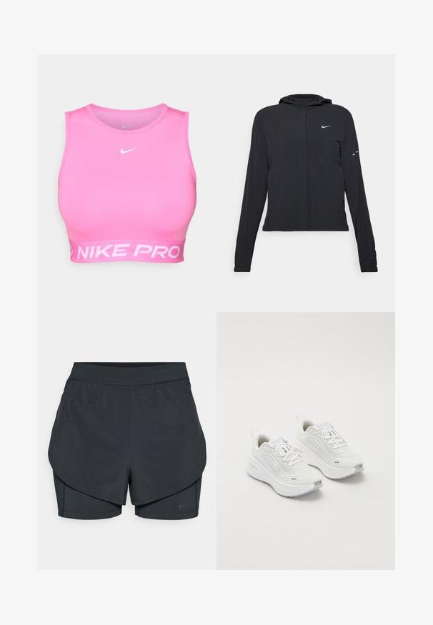 Giacca nera con cappuccio e maniche lunghe, realizzata in materiale leggero. Presenta una zip frontale, il logo Nike e accenti di design sottili.; Bra sportivo Nike Pro di colore rosa acceso, con design aderente, scollatura rotonda e ampia fascia elastica bianca con logo nella parte inferiore.; Shorts sportivi neri con un design a strati, caratterizzati da uno strato esterno morbido e da pantaloni interni aderenti. Realizzati in tessuto leggero e elasticizzato.; Scarpe da ginnastica bianche con tomaia in rete testurizzata, suola ammortizzata e sottili dettagli grigi. Comprendono il branding e una linguetta sul tallone per una facile calzata.