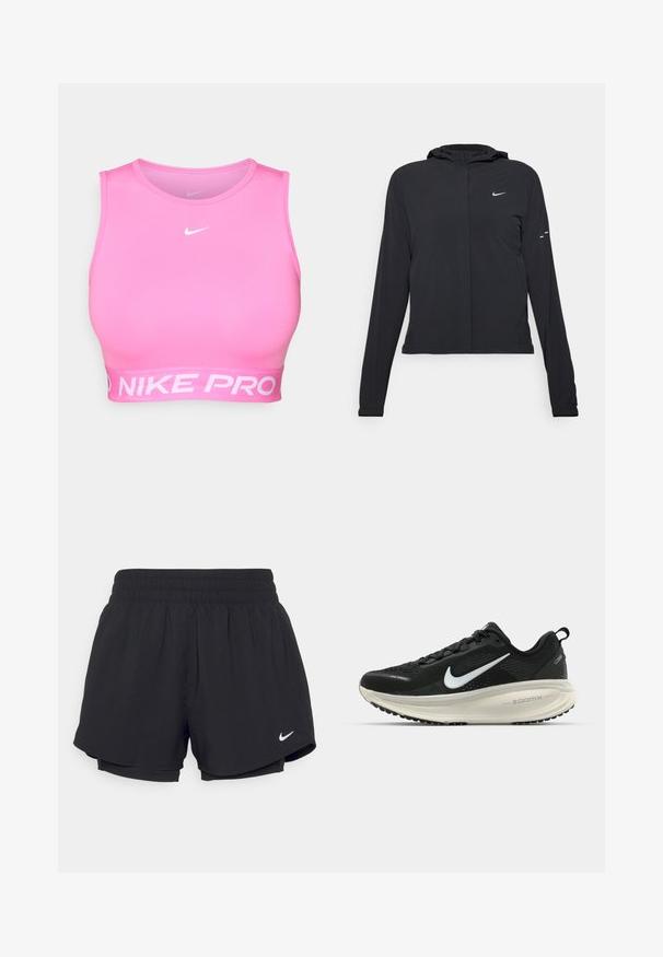 Casaco preto com capuz e mangas longas, feito de material leve. Apresenta um fecho dourado na frente, um logótipo da Nike e detalhes de design subtis.; Sutiã desportivo Nike Pro em rosa brilhante, com um design ajustado, decote redondo e uma ampla faixa elástica branca com a marca na parte inferior.; Calções atléticos pretos com um cós elástico franzido, forro interior e o logótipo da Nike em branco no lado inferior esquerdo. Tecido suave e leve.; Sapatilha de corrida Nike preta com parte superior de malha respirável, logotipo Swoosh branco, detalhes texturizados e uma entressola ZoomX na cor creme.