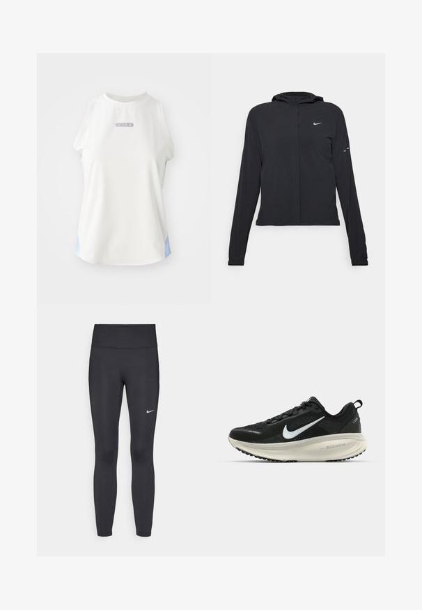 Casaco preto com capuz e mangas longas, feito de material leve. Apresenta um fecho dourado na frente, um logótipo da Nike e detalhes de design subtis.; Top sem mangas Nike branco com decote redondo, apresentando um logótipo prateado e detalhes em azul claro nas laterais. Textura de tecido suave e atlética.; Leggings pretos feitos de tecido elástico, com uma cintura alta e um logo branco da Nike na coxa esquerda. Textura suave, design ajustado ao corpo.; Sapatilha de corrida Nike preta com parte superior de malha respirável, logotipo Swoosh branco, detalhes texturizados e uma entressola ZoomX na cor creme.