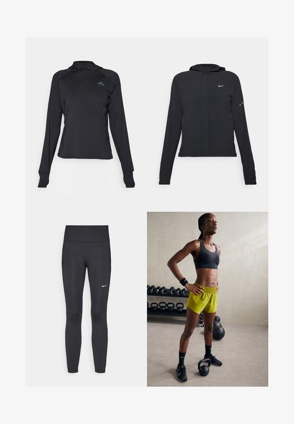 Svart huva jacka med långa ärmar, gjord av lätt material. Har en framdragare, en Nike-logotyp och subtila designelement.; Svart långärmad sporttröja med hög krage, smal passform och logotypdetalj på bröstet. Slät, lättviktig tyg.; Svarta leggings i elastiskt material, med hög midja och en vit Nike-logga på vänster lår. Slät textur, figurnära design.; Svart sportbh, ljusgula shorts med resårmidja, svarta träningsskor och handledsband, stående bredvid kettlebells.