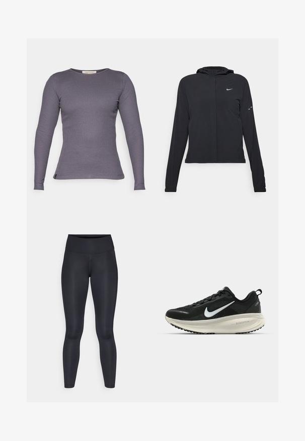 Čierna kapucňová bunda s dlhou rukávou, vyrobená z ľahkého materiálu. Má predný zips, logo Nike a jemné dizajnové akcenty.; Yogasearcher MAUNA - Top s dlhým rukávom - carbon; Čierne legíny vyrobené z hladkej, elastickej tkaniny. Vysoký pás bez viditeľných vzorov alebo akcentov. Úzke od pásu po členky.; Čierne bežecké topánky Nike s priedušnou sieťovinou, bielym logom s symbolom swoosh, textúrovanými detailmi a krémovou ZoomX medzipodrážkou.