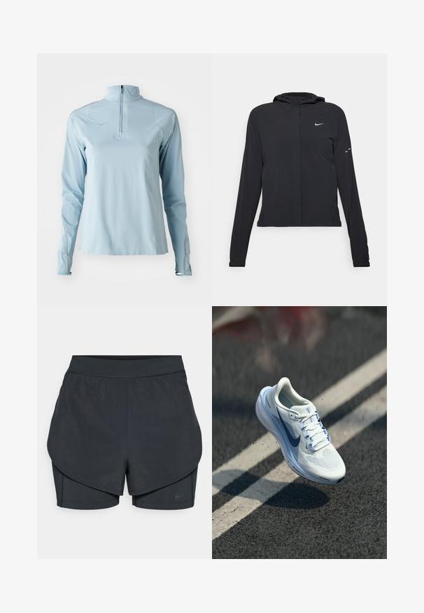 Black hooded jacket with long sleeves, made from lightweight material. Features a front zipper, a Nike logo, and subtle design accents.; Light blue long-sleeve athletic top with a half-zip collar, smooth texture, and contrasting gray stitching along the seams.; Black athletic shorts with a layered design, featuring a smooth outer layer and fitted inner shorts. Made of lightweight, stretch fabric.; White athletic shoe with breathable mesh upper and blue accents. Features a cushioned sole and flat laces. Midsole displays "Air Zoom" branding.