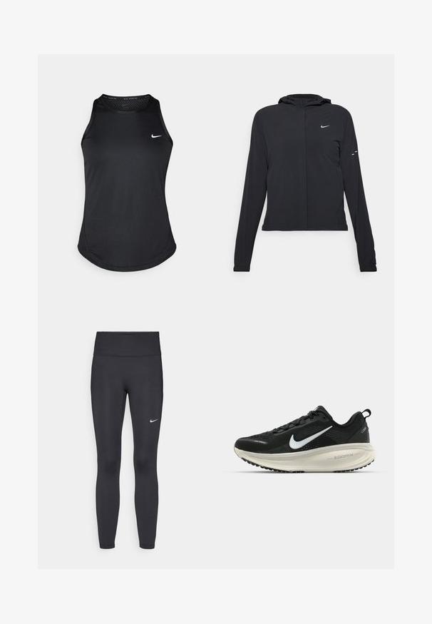Jachetă neagră cu glugă, cu mâneci lungi, fabricată din material ușor. Dispune de un fermoar frontal, un logo Nike și accente de design subtile.; Tricou de alergare fără mâneci, negru, de la Nike, cu guler rotund, textură netedă și un mic logo alb pe partea stângă a pieptului.; Leggings negre dintr-un material elastic, având talie înaltă și un logo alb Nike pe coapsa stângă. Textură netedă, design care se conturează pe corp.; Pantofii de alergare negri de la Nike, cu parte superioară din plasă respirabilă, logo-ul alb Swoosh, detalii texturate și o talpă intermediară ZoomX de culoare crem.
