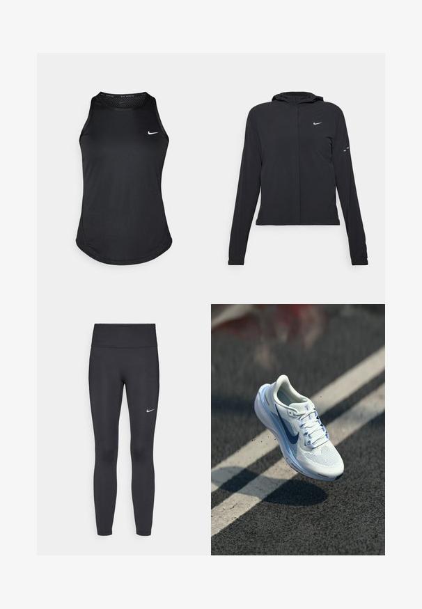 Giacca nera con cappuccio e maniche lunghe, realizzata in materiale leggero. Presenta una zip frontale, il logo Nike e accenti di design sottili.; Canotta nera da corsa senza maniche Nike, con scollo tondo, texture liscia e un piccolo logo bianco sul lato sinistro del petto.; Leggings neri realizzati in tessuto elasticizzato, con una vita alta e un logo Nike bianco sulla coscia sinistra. Tessuto liscio, design aderente.; Scarpa sportiva bianca con tomaia in mesh traspirante e accenti blu. Caratterizzata da una suola ammortizzata e lacci piatti. La soletta mostra il marchio "Air Zoom".