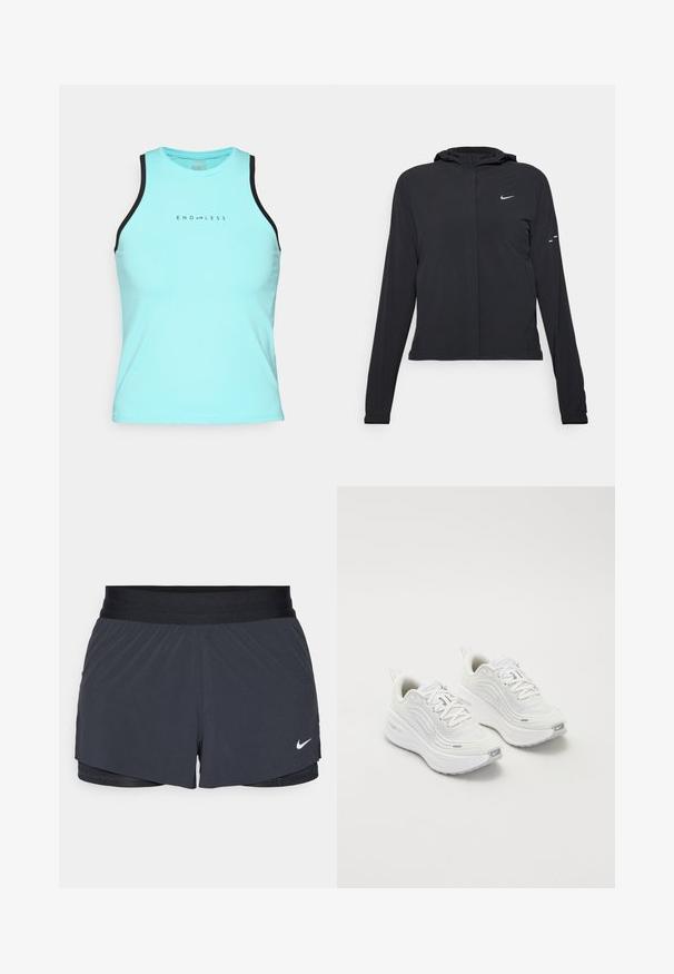 Svart hettegenser med lange ermer, laget av lett materiale. Har glidelås foran, Nike-logo og subtile design detaljer.; Endless ESSENTIAL - Topper - aqua; Sorte treningshorts med elastisk midjebånd, med lagdelt design og liten hvit Nike-logo på nederste venstre side. Lett materiale.; Hvite joggesko med et teksturert mesh-overdel, polstret såle og subtile grå aksenter. Inkluderer merkevare og løkke på hælen for enkel påkledning.