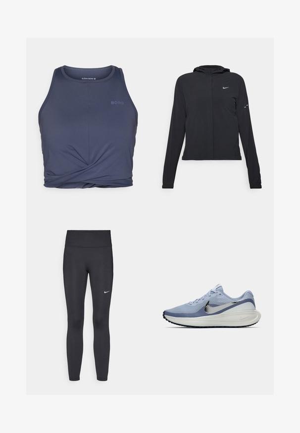 Čierna kapucňová bunda s dlhou rukávou, vyrobená z ľahkého materiálu. Má predný zips, logo Nike a jemné dizajnové akcenty.; Tmavomodrý športový top s okrúhlym výstrihom, s prekrúteným predným dizajnom a s nápisom "BORG" vytlačeným v svetlejšom odtieni.; Čierne legíny z elastického materiálu, s vysokým pásom a bielym logom Nike na ľavom stehne. Hladká textúra, priliehavý dizajn.; Svetlomodré a biele bežecké topánky Nike so strieborným Swooshom, priedušný sieťovaný zvršok, odpružená podrážka a čierny vzor na vonkajšej podrážke.