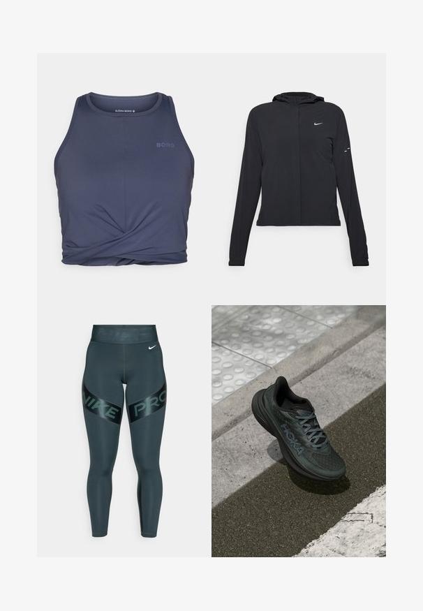 Melnā kapuci jaka ar garām piedurknēm, izgatavota no viegla materiāla. Tam ir priekšējais rāvējslēdzis, Nike logo un smalki dizaina akcenti.; Tumši zils sporta bez piedurknēm krekliņš ar noapaļotu dekoltē, kas iezīmēts ar savērptu priekšpusi, un uzdrukātu vārdu "BORG" gaišākā nokrāsā.; Nike Pro legingi tumši pelēkā krāsā ar spīdīgu melnu jostasvietu. Uz sāniem ir drosmīgas "NIKE" un "PRO" teksta grafikas. Gluda, elastīga materiāla.; Melnas skriešanas kedas ar tīkla augšdaļu, strukturētu akcentu un logotipu, ar mīkstu zoli un pelēkiem šņorēm, novietotas uz ieklāta seguma.