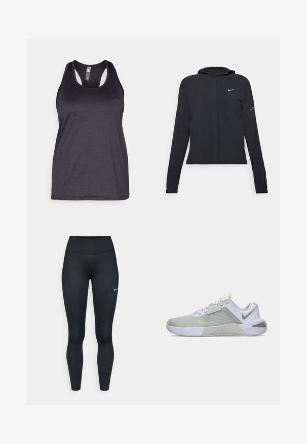 Zwarte kaptrui met lange mouwen, gemaakt van lichtgewicht materiaal. Voorzien van een ritssluiting aan de voorkant, een Nike-logo en subtiele ontwerpelementen.; ONLY Play ONPCORE LIFE ON - Top - black; Zwarte atletische leggings gemaakt van rekbare stof met een hoge tailleband, met een klein wit Nike-logo op de linker dij.; Witte en grijze sportschoen met een gestructureerde stof, een gewatteerde kraag en een rubberen loopzool. Bevat een logo aan de zijkant en driedimensionale details op de bovenkant.
