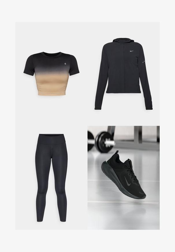 Jachetă neagră cu glugă, cu mâneci lungi, fabricată din material ușor. Dispune de un fermoar frontal, un logo Nike și accente de design subtile.; Top scurt cu mânecă, cu un gradient de la negru la bej. Textură netedă, decolteu rotund și un logo subtil pe piept.; Leggings negre dintr-un material neted și elastic. Talie înaltă fără modele sau accente vizibile. Se potrivesc strâns de la talie până la glezne.; Tenisii sport negru cu logo-ul Nike, arătați în aer deasupra podelei de sală de sport, cu un suport pentru haltere neclar în fundal.