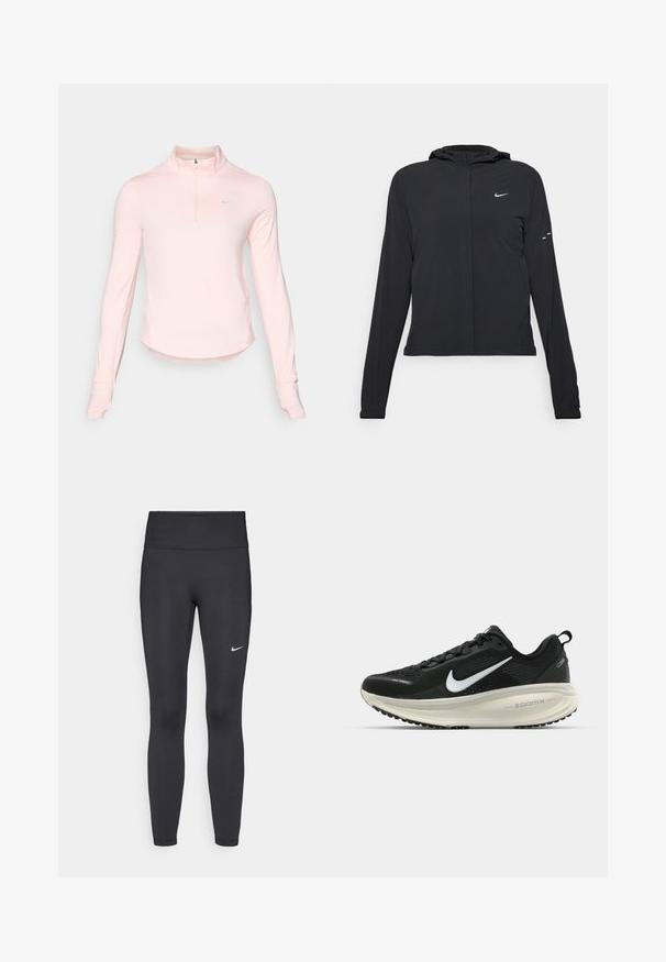 Giacca nera con cappuccio e maniche lunghe, realizzata in materiale leggero. Presenta una zip frontale, il logo Nike e accenti di design sottili.; Maglione rosa chiaro a maniche lunghe con zip a quarti e colletto alto, realizzato in tessuto morbido, con un piccolo logo sul lato sinistro del petto e aperture per il pollice nei polsini.; Leggings neri realizzati in tessuto elasticizzato, con una vita alta e un logo Nike bianco sulla coscia sinistra. Tessuto liscio, design aderente.; Scarpa da corsa nera Nike con tomaia in rete traspirante, logo Swoosh bianco, dettagli testurizzati e intersuola ZoomX di colore crema.