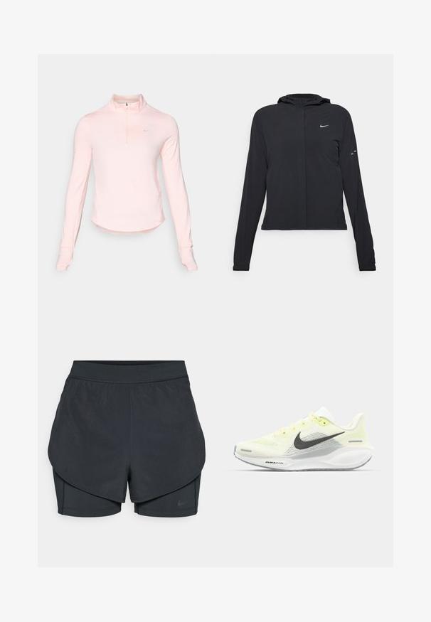 Zwarte kaptrui met lange mouwen, gemaakt van lichtgewicht materiaal. Voorzien van een ritssluiting aan de voorkant, een Nike-logo en subtiele ontwerpelementen.; Lichtroze langemouw quarter-zip top met een hoge kraag, gemaakt van zachte stof, met een klein logo op de linkerkant van de borst en duimgaten bij de manchetten.; Zwarte sportshorts met een gelaagd ontwerp, voorzien van een gladde buitenlaag en aansluitende binnen shorts. Gemaakt van lichtgewicht, rekbare stof.; Nike hardloopschoenen met een lichtgele en witte mesh bovenkant, grijze accenten en een flexibele rubberen zool. Voorzien van een vetersluiting.