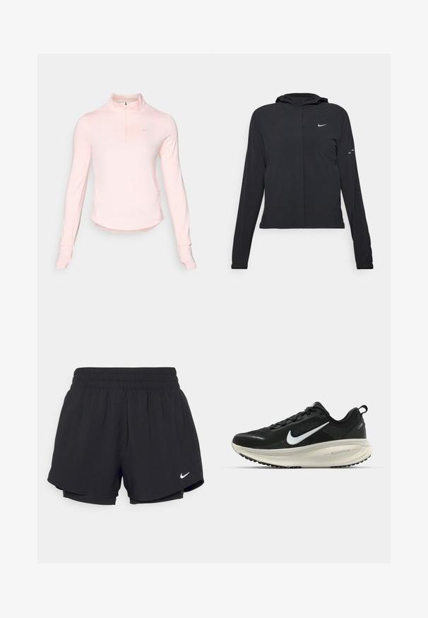 Schwarze Kapuzenjacke mit langen Ärmeln, aus leichtem Material gefertigt. Sie hat einen vorderen Reißverschluss, ein Nike-Logo und dezente Designelemente.; Helles rosa langärmliges Oberteil mit halbem Reißverschluss und hohem Kragen, aus weichem Stoff gefertigt, mit einem kleinen Logo auf der linken Brust und Daumenlöchern an den Bündchen.; Schwarze Sportshorts mit einem gerafften elastischen Bund, Innenfutter und weißem Nike-Logo auf der unteren linken Seite. Glatter, leichter Stoff.; Schwarzer Nike-Laufschuh mit atmungsaktivem Mesh-Obermaterial, weißem Swoosh-Logo, strukturierten Details und einer cremefarbenen ZoomX-Zwischensohle.