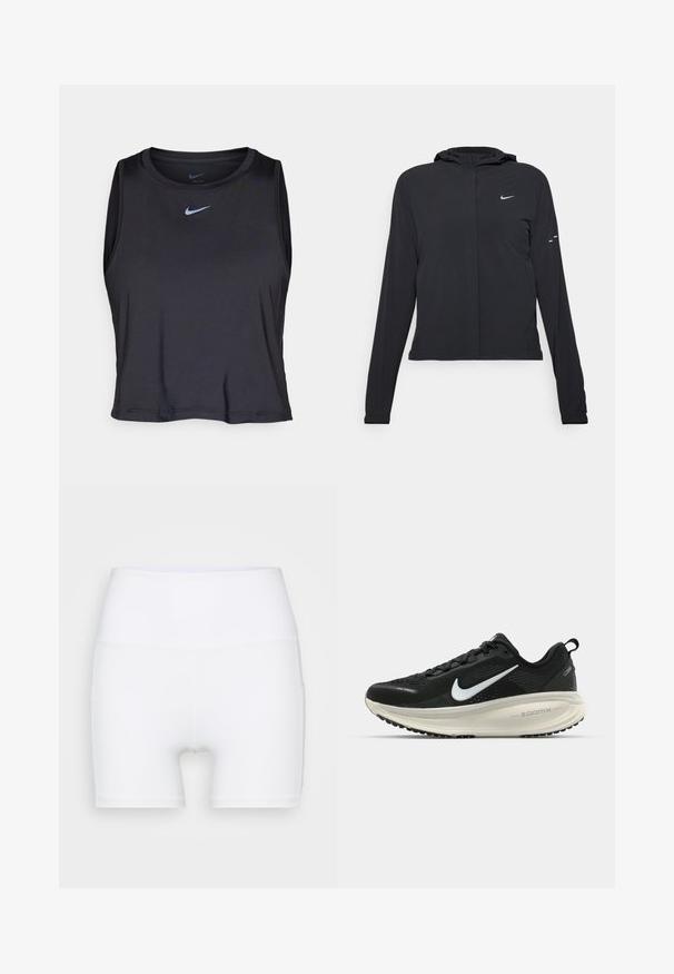 Svart huva jacka med långa ärmar, gjord av lätt material. Har en framdragare, en Nike-logotyp och subtila designelement.; Svart ärmlös atletisk crop top gjord av ett slätt tyg, med rund halsringning och en ljusblå Nike-logotyp på bröstet.; Vita högmidjade shorts i stretchtyg. Har en jämn yta och en åtsittande design, utan ytterligare mönster eller detaljer.; Svart Nike löparsko med andningsbart mesh-ovandel, vit swoosh-logotyp, texturerad detaljering och en krämfärgad ZoomX-mellansula.