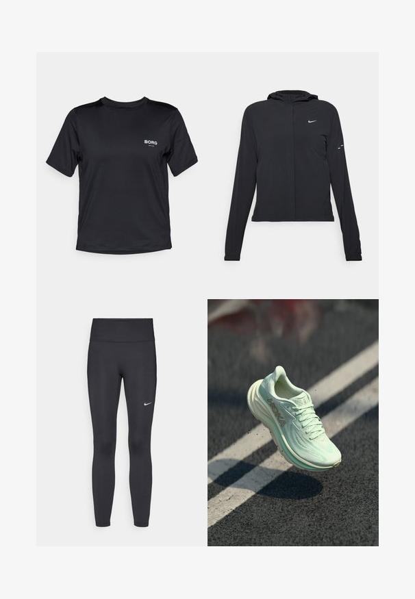 Casaco preto com capuz e mangas longas, feito de material leve. Apresenta um fecho dourado na frente, um logótipo da Nike e detalhes de design subtis.; T-shirt atlético de manga curta preta, feito de tecido suave. Logótipo "BORG" impresso em branco na área do peito esquerdo. Design com decote redondo.; Leggings pretos feitos de tecido elástico, com uma cintura alta e um logo branco da Nike na coxa esquerda. Textura suave, design ajustado ao corpo.; Shoe de corrida HOKA em verde menta claro, apresentando um cabedal de malha texturizada, bico arredondado, sola acolchoada e um logótipo proeminente na lateral.