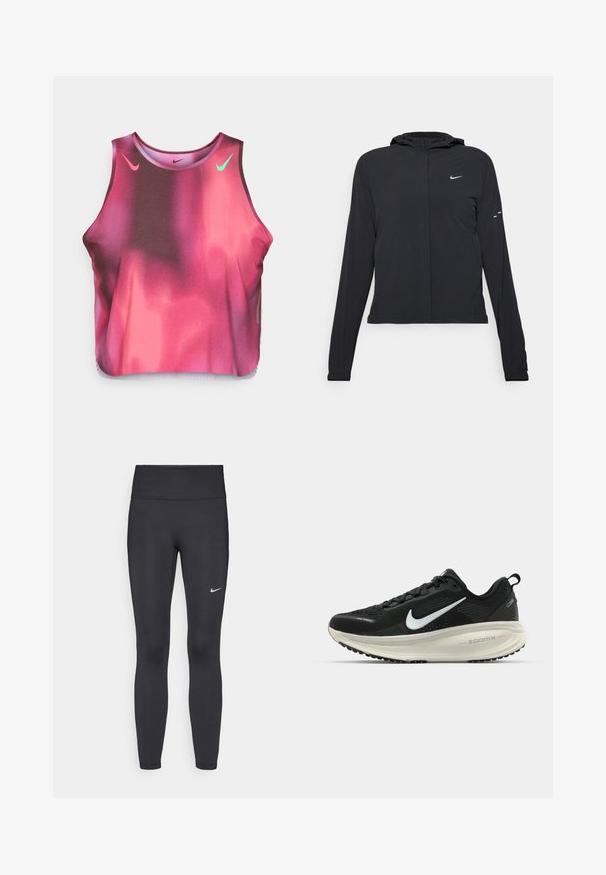 Fekete kapucnis dzseki hosszú ujjakkal, könnyű anyagból készült. Elülső cipzárral, Nike logóval és diszkrét dizájn elemekkel rendelkezik.; Sötétkék és rózsaszín gradiens crop top rugalmas anyagból. Pink és zöld Nike logókkal, kerek nyakkivágással és ujjatlan kialakítással.; Fekete leggings elasztikus anyagból, magas derékkal és fehér Nike logóval a bal combon. Simább textúra, testhez álló kialakítás.; Fekete Nike futócipő légáteresztő hálós felsőrésszel, fehér Swoosh logóval, textúrázott részletekkel és krém színű ZoomX középtalppal.