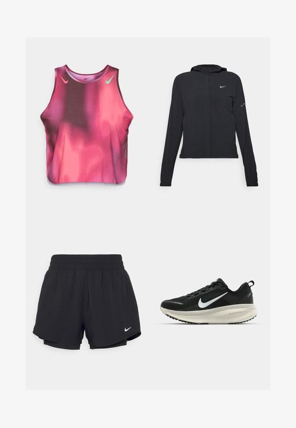 Mustassa hupparissa on pitkät hihat, ja se on valmistettu kevyestä materiaalista. Siinä on edessä vetoketju, Nike-logo ja hillityt muotoiluyksityiskohdat.; Röda och rosa gradientkort topp i stretchigt material. Funktionen visar Nike-logotyper i rosa och grönt, med rund halsringning och ärmlös design.; Mustat urheilushortsit, joissa on kootut joustovyötärö, vuori ja valkoinen Nike-logo vasemmassa alakulmassa. Suoraviivainen, kevyt kangas.; Mustat Nike-juoksukengät, joissa on hengittävä verkko-osa, valkoinen swoosh-logo, teksturoitu yksityiskohtaus ja kermaisen värinen ZoomX-välipohja.