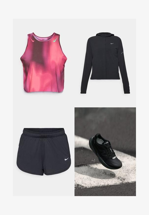 Czarna kurtka z kapturem, z długimi rękawami, wykonana z lekkiego materiału. Posiada zamek błyskawiczny z przodu, logo Nike oraz subtelne akcenty wzornicze.; Crop top w kolorze granatowo-różowym wykonany z elastycznej tkaniny. Posiada różowe i zielone logo Nike, okrągły dekolt oraz bezrękawowy fason.; Czarne szorty sportowe wykonane z lekkiego, oddychającego materiału. Posiadają elastyczny pas i biały logo Nike na dolnym prawym boku.; Czarne buty do biegania z teksturowaną cholewką, smukłym designem i odblaskowymi akcentami. Posiadają miękką, amortyzującą podeszwę dla komfortu.