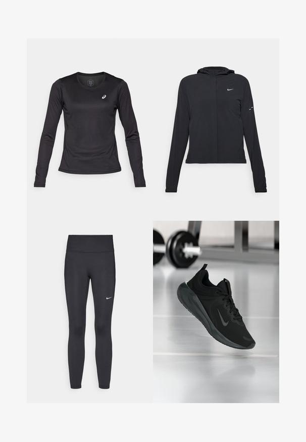 Czarna kurtka z kapturem, z długimi rękawami, wykonana z lekkiego materiału. Posiada zamek błyskawiczny z przodu, logo Nike oraz subtelne akcenty wzornicze.; ASICS - Bluzka z długim rękawem; Czarne legginsy z elastycznego materiału, z wysokim pasem i białym logo Nike na lewym udzie. Gładka tekstura, dopasowany krój.; Czarny sportowy sneaker z logo Nike, pokazany w powietrzu na podłodze siłowni, z rozmytym regałem z hantlami w tle.