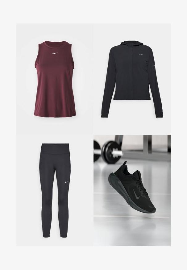 Must musta kapuutsiga jakk, millel on pikad varrukad ja mis on valmistatud kergetest materjalidest. Omab esitaskut, Nike logo ja kergelt silmatorkavaid disainiaktsente.; Bordoo ilma varrukate ja sportlik särk sileda kangaga, millel on kõrge kaelus ja valge Nike logo rinnal.; Mustad mustadest leggingid, mis on valmistatud venivast kangast, kõrge vöökoha ja valge Nike logo abil vasakul reiel. Sile tekstuur, keha järgiv disain.; Mustad mustang spordijalatsid Nike logo'ga, õhus spordisaali põrandal, häguste hantlite riiulitega taustal.