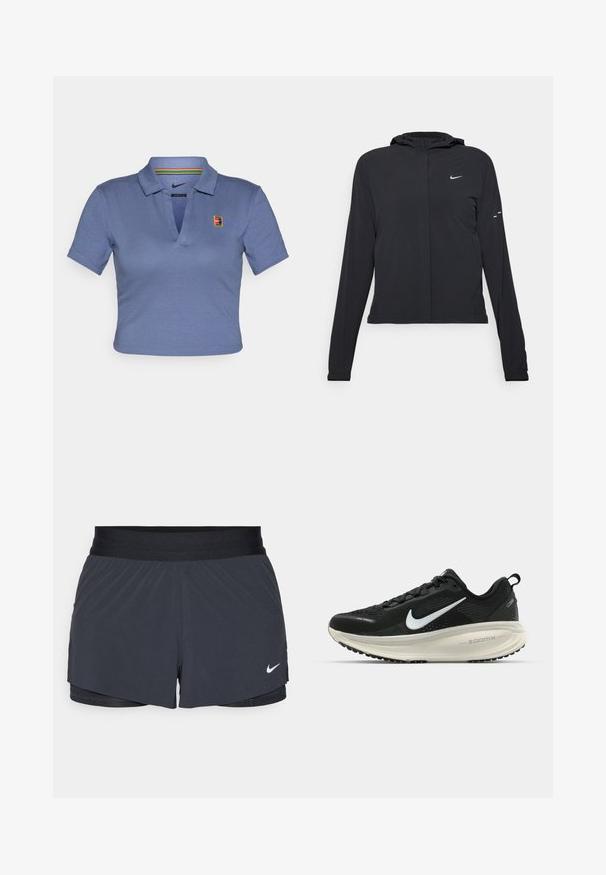Čierna kapucňová bunda s dlhou rukávou, vyrobená z ľahkého materiálu. Má predný zips, logo Nike a jemné dizajnové akcenty.; Zkrátená modrá polo tričko s límečkom, s logom Nike a multicolor pruhovaným akcentom vo vnútri límca. Mäkký materiál.; Čierne športové šortky s elastickým pásom, ktoré majú vrstvený dizajn a malú bielu aplikáciu loga Nike v dolnom ľavom rohu. Ľahký materiál.; Čierne bežecké topánky Nike s priedušnou sieťovinou, bielym logom s symbolom swoosh, textúrovanými detailmi a krémovou ZoomX medzipodrážkou.