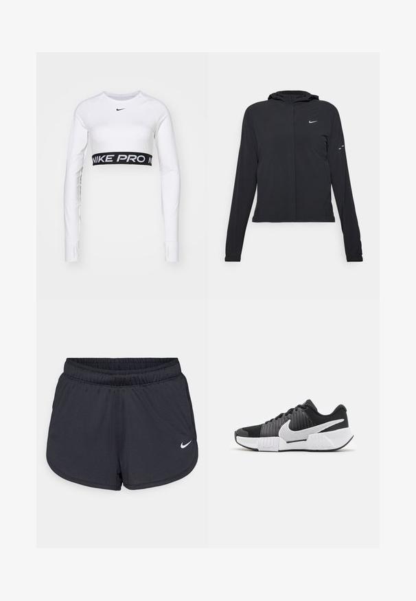 Fekete kapucnis dzseki hosszú ujjakkal, könnyű anyagból készült. Elülső cipzárral, Nike logóval és diszkrét dizájn elemekkel rendelkezik.; Fehér, hosszú ujjú felső, kerek nyakkivágással. Fekete NIKE PRO márkázott elasztikus szalaggal rendelkezik a deréknál, sima, rugalmas anyagból készült.; Fekete sportos rövidnadrág, könnyű, légáteresztő anyagból készült. Rugalmas derékpánttal rendelkezik, és a jobb alsó oldalon fehér Nike logó található.; Fekete-fehér sportcipők texturált felsőrésszel, kiemelkedő Nike pipa logóval és kontrasztos talpdesigntal a jobb tapadás és stabilitás érdekében.