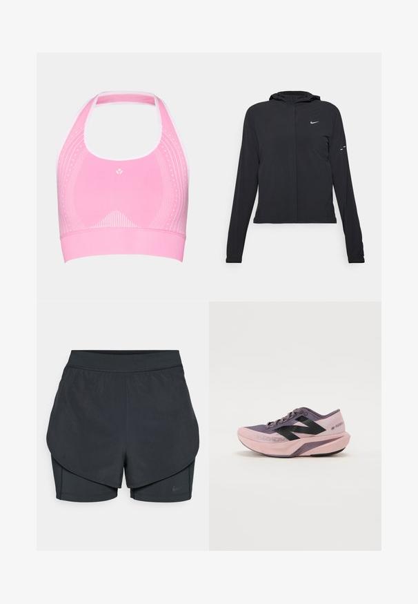 Jachetă neagră cu glugă, cu mâneci lungi, fabricată din material ușor. Dispune de un fermoar frontal, un logo Nike și accente de design subtile.; Bratara sport roz cu un design cu gât halter, având modele albe subtile și textură ribbed pe banda de jos.; Șorturi sportive negre cu un design stratificat, având o strat exterior neted și șorturi interioare ajustate. Fabricate dintr-un material ușor și elastic.; Încălțăminte de alergare ușoară cu un design în gradient roz și mov. Dispune de un brâu din plasă respirabil, accente negre și talpă cu amortizare.