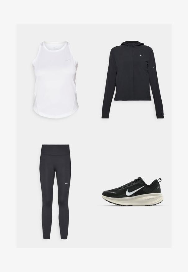 Sort hættetrøje med lange ærmer, lavet af letvægtsmateriale. Har en frontlynlås, et Nike-logo og subtile designaccenter.; Hvid atletisk tanktop med rund halsudskæring, ærmeløst design og subtil reflekslogo. Fremstillet af et glat, fugttransporterende stof.; Sorte leggings lavet af strækbart stof, med en høj talje og et hvidt Nike-logo på venstre lår. Glat tekstur, tætsiddende design.; Sort Nike løbesko med åndbart mesh-overdel, hvidt swoosh-logo, tekstureret detaljering og en cremede ZoomX mellemsål.
