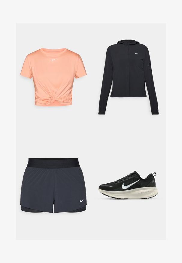 Casaco preto com capuz e mangas longas, feito de material leve. Apresenta um fecho dourado na frente, um logótipo da Nike e detalhes de design subtis.; T-shirt cropped de manga curta em tecido pêssego com um detalhe de nó na parte da frente. Apresenta um pequeno logotipo branco da Nike no peito.; Calças curtas de atletismo pretas com um cós elástico, apresentando um design em camadas e um pequeno logótipo da Nike em branco no canto inferior esquerdo. Material leve.; Sapatilha de corrida Nike preta com parte superior de malha respirável, logotipo Swoosh branco, detalhes texturizados e uma entressola ZoomX na cor creme.