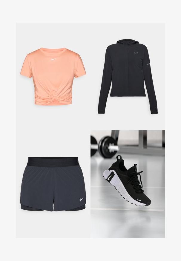 Black hooded jacket with long sleeves, made from lightweight material. Features a front zipper, a Nike logo, and subtle design accents.; Short-sleeve, cropped T-shirt in peach fabric with a knot detail at the front. Features a small white Nike logo on the chest.; Black athletic shorts with an elastic waistband, featuring a layered design and a small white Nike logo on the lower left. Lightweight material.; Black athletic shoe with a textured fabric upper, white sole, and prominent lacing system. Features a Nike logo and soft, cushioned design.
