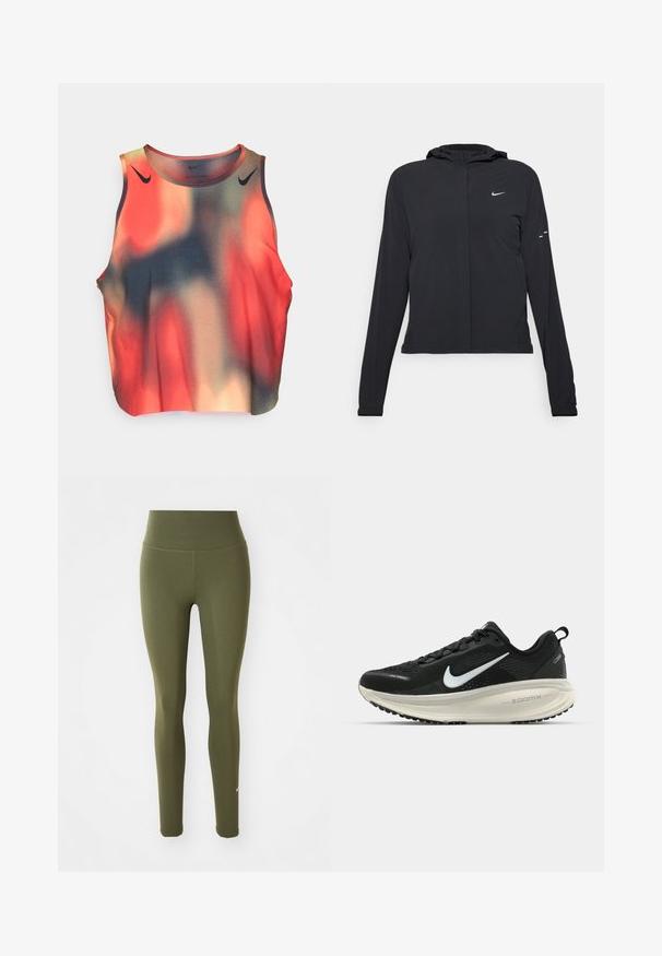 Must musta kapuutsiga jakk, millel on pikad varrukad ja mis on valmistatud kergetest materjalidest. Omab esitaskut, Nike logo ja kergelt silmatorkavaid disainiaktsente.; Varrukate vaba sporditop, millel on punane, oranž ja tume sinine gradientmustrit; valmistatud siledast ja venivast kangast. Mustad logo aktsendid.; Olive rohelised retuusid, valmistatud venivast materjalist, kõrge vöökoht, sile tekstuur ja väike valge Nike logo kinnitus alumises sääres.; Musthave mustus Nike jooksujalats, millel on hingav võrgust ülemine osa, valge swoosh logo, tekstuuriga detailid ja kreemja värvusega ZoomX vahevöö.