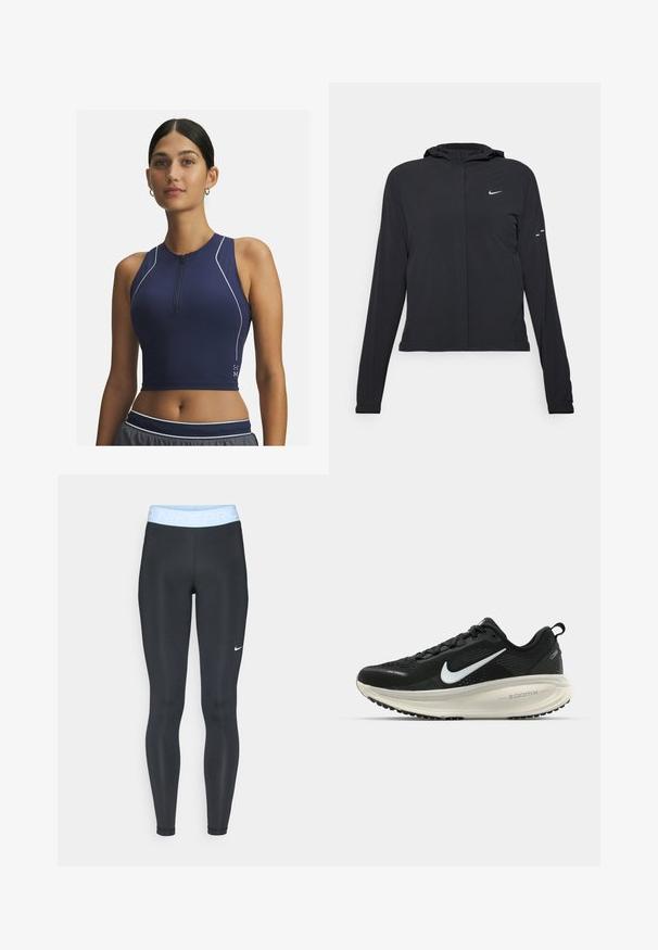 Melnā kapuci jaka ar garām piedurknēm, izgatavota no viegla materiāla. Tam ir priekšējais rāvējslēdzis, Nike logo un smalki dizaina akcenti.; Jūras zilas sporta krūšturis ar pusē ievilktu rāvējslēdzēju, bez piedurknēm, ar perforētu tekstūru gaisa caurlaidībai un baltajām akcentu šuvēm.; Melnas sporta legingi ar gaiši zilu jostu, uz kuras redzams teksts "NIKE PRO"; gluda tekstūra un pieguļošs dizains. Baltā Nike logo kreisajā pusē.; Melnas Nike skriešanas kurpes ar elpojošu acs augšdaļu, baltu Swoosh logotipu, strukturētu apdari un krēmkrāsas ZoomX starpsole.
