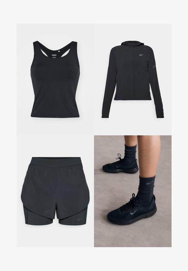Giacca nera con cappuccio e maniche lunghe, realizzata in materiale leggero. Presenta una zip frontale, il logo Nike e accenti di design sottili.; Top atletico senza maniche di colore nero con scollatura alta e design con schiena aperta. Realizzato in un tessuto elastico, presenta una superficie liscia e cuciture minime.; Shorts sportivi neri con un design a strati, caratterizzati da uno strato esterno morbido e da pantaloni interni aderenti. Realizzati in tessuto leggero e elasticizzato.; Sneakers neri Nike con tomaia in maglia testurizzata, caratterizzati da un logo swoosh grigio, abbinati a calze scure a coste. Suola in gomma piatta.